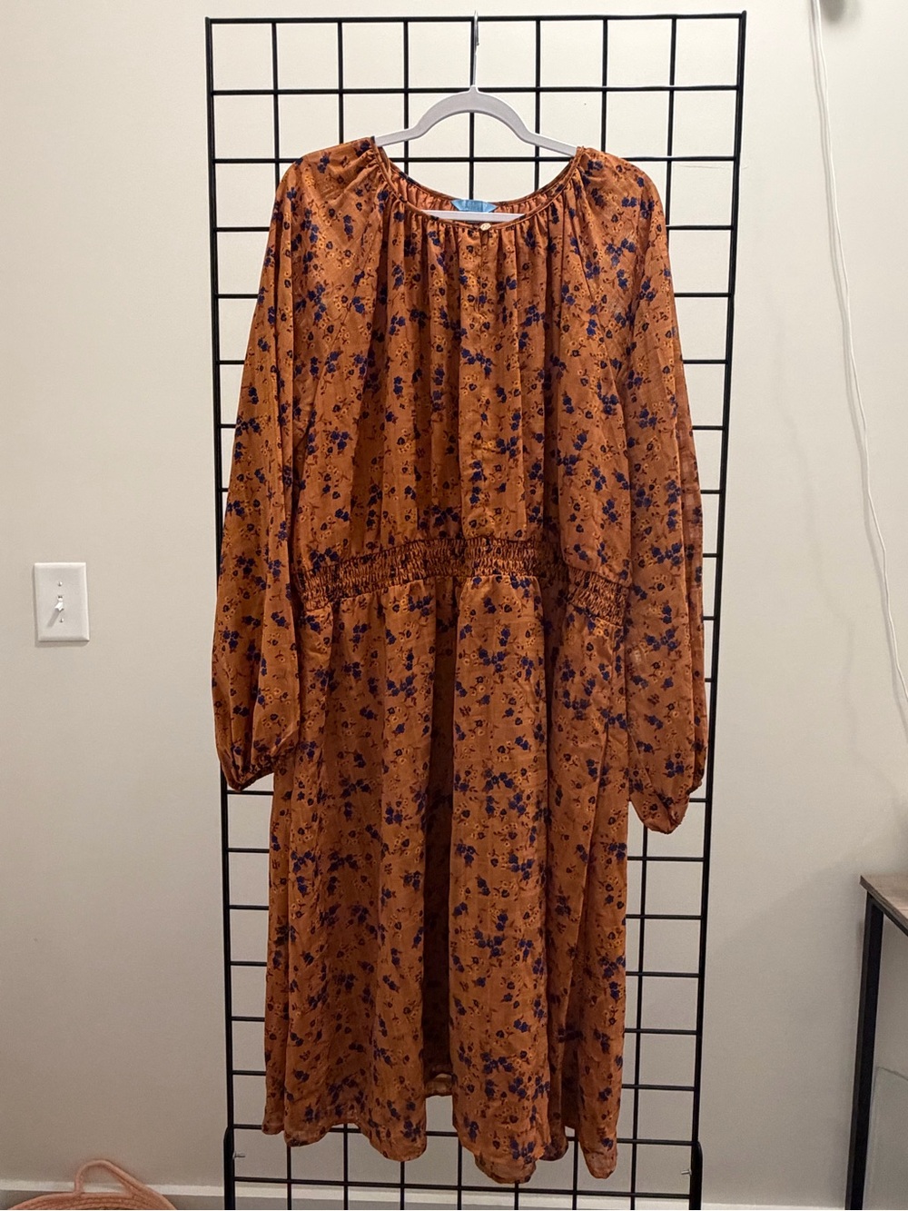 Draper James Rust Floral Long-Sleeve Midi Dress with Navy Accents